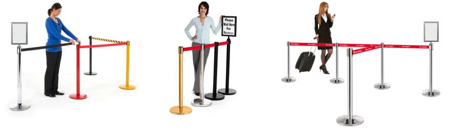 Strip line fences with retractable red tape connect to each other and help to separate the flow of people or objects.