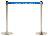 Flap posts with text inscription and logos on a blue band