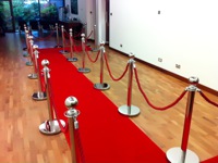 Walkway with barriers and red carpet.