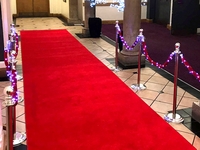 Festive path with LED lighting. Carpet and barrier stands in the corridor.
