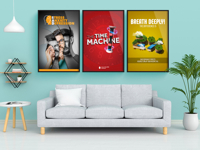 Three CLICK frames with advertising graphics are displayed on the wall, information