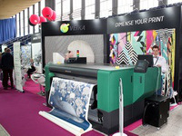 Black exhibition stand made of aluminum frame with plastic panels and logos